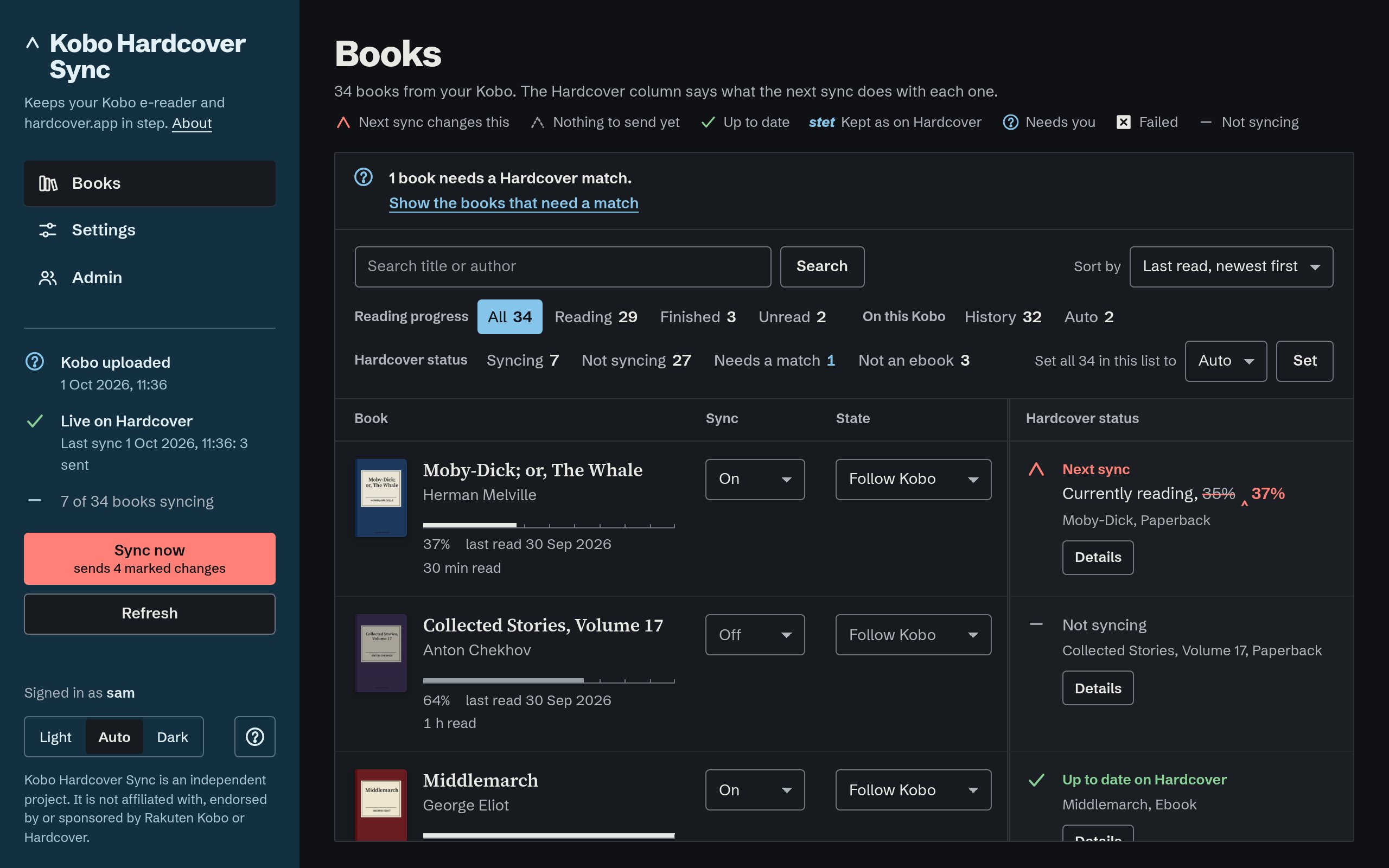 The same Books page in the dark theme