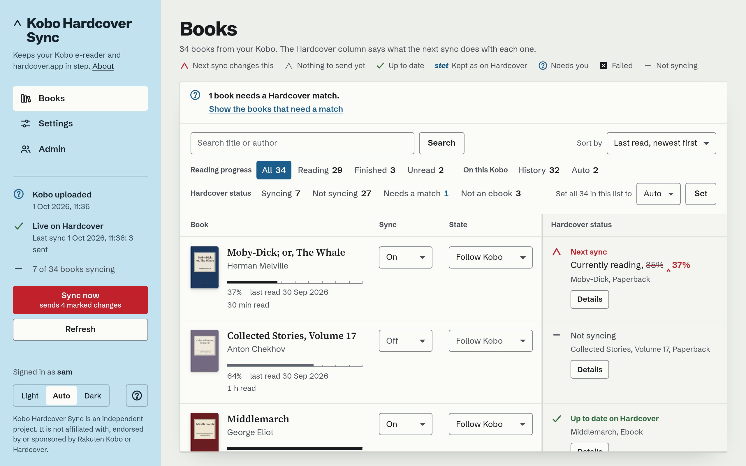 The Books page in the light theme: a sidebar with the name, Books, Settings and Admin, the last sync and the Sync now button; a list of books with covers, progress gauges and Sync and State switches; the Hardcover status column with its marks