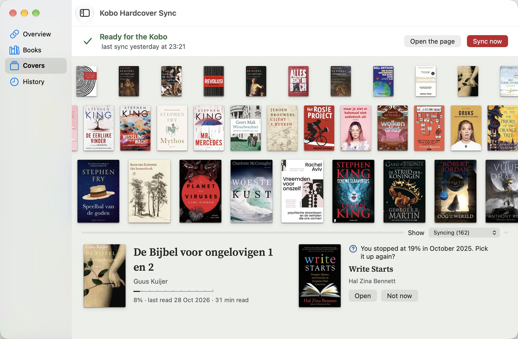 The app's Covers pane: rows of book covers, one opened to a spread with its title, author and progress, and the book that asks to be picked up again