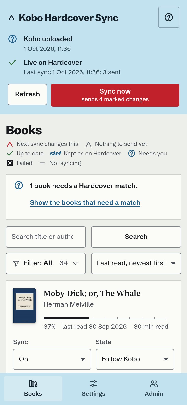 The Books page on a phone: each book a card with its cover, gauge, Sync and State, and the Hardcover status under it